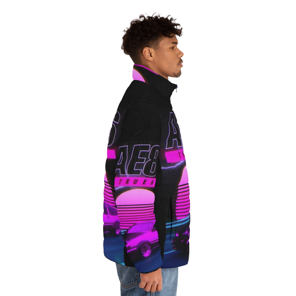 Ae86 retro synthwave puffer jacket with Initial D inspired graphics - men side right