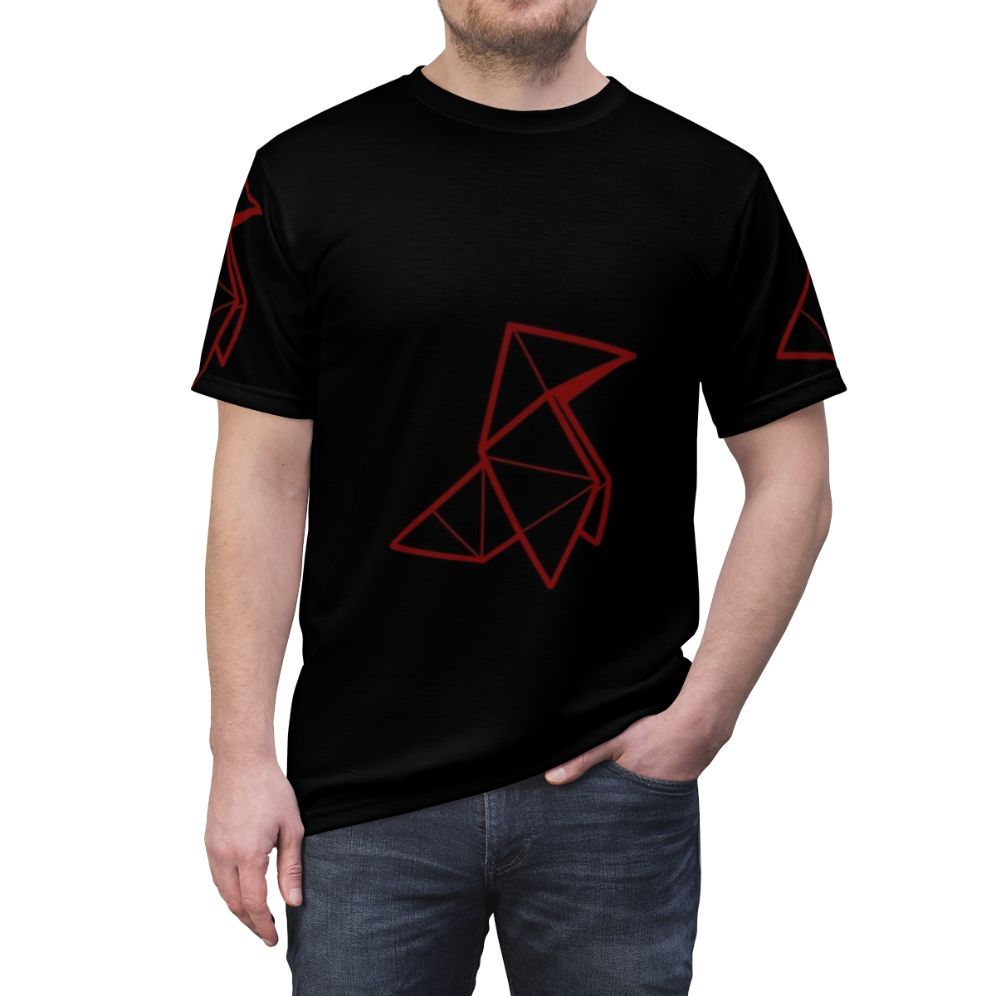 Stylish red graphic t-shirt featuring an origami crane design for fans of the TV series Money Heist - men front