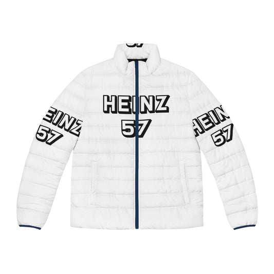 Metis-inspired puffer jacket with Heinz 57 design