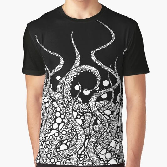 Tentacles graphic t-shirt featuring a monochrome line art illustration of an octopus or cephalopod underwater with bubbles.