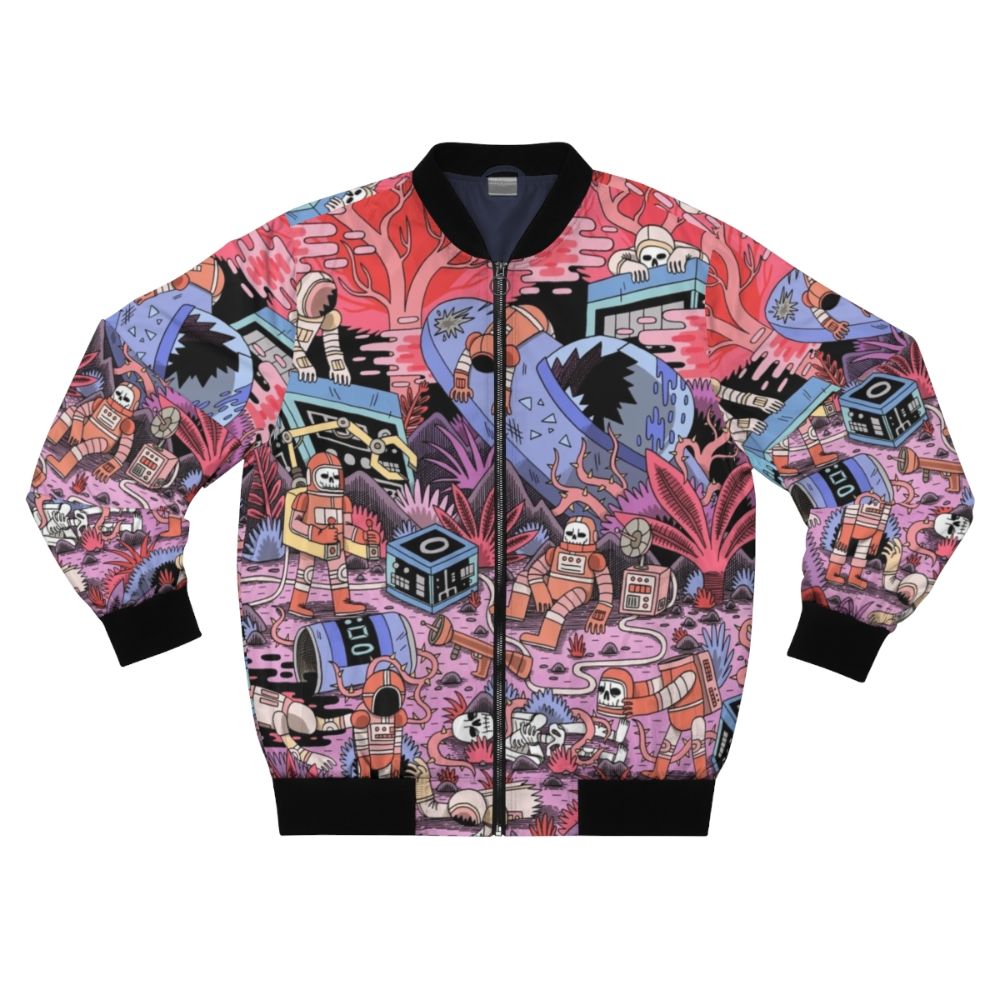 Chaos Bomber Jacket - Stellar sci-fi inspired outwear with a bold, detailed design featuring a spaceman, skulls, and cosmic elements.