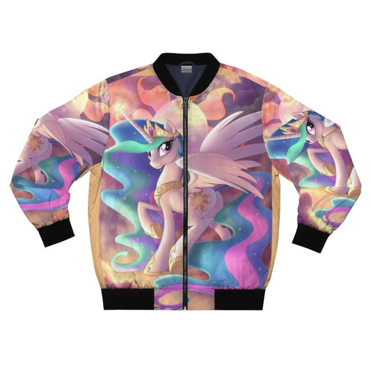 Celestial Princess Bomber Jacket featuring Princess Celestia, the alicorn princess of the sun, with clouds and a celestial design.