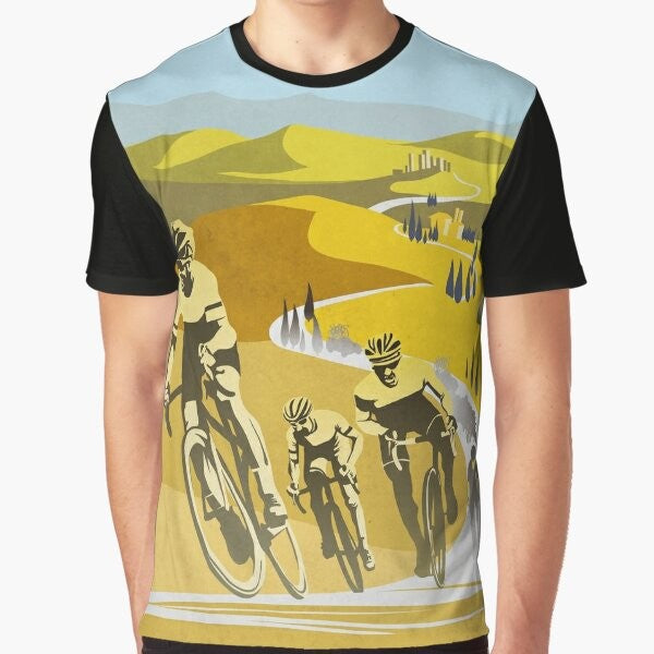 Vintage cycling art design featuring the Strade Bianche cycling race in Tuscany, Italy