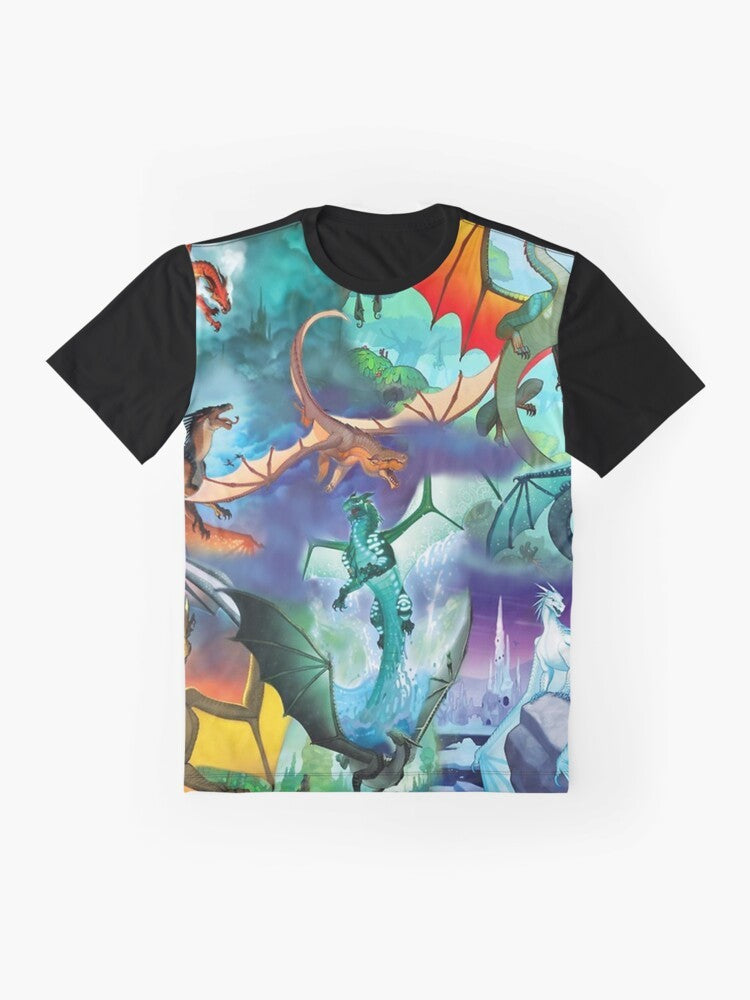 Wings of Fire dragon graphic t-shirt with all dragon patterns on a background - Flat lay