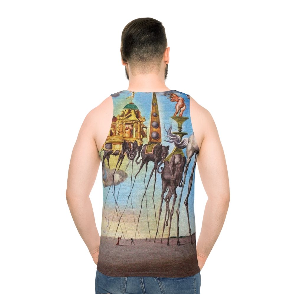 Unisex tank top with Salvador Dali's surrealist painting 'The Temptation of St. Anthony' - men back