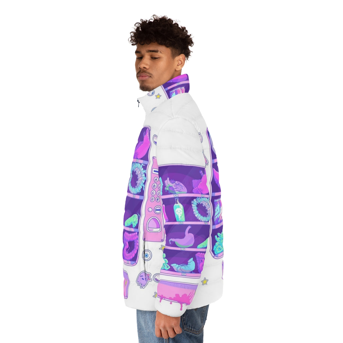 Pastel goth puffer jacket with a print of bizarre, surreal organs - men side left