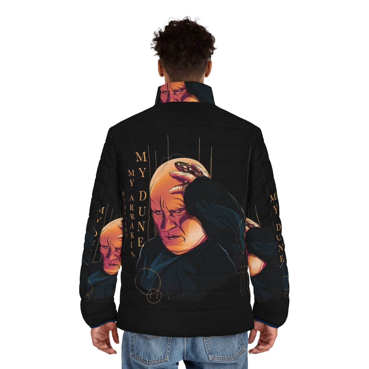 Dune Baron Harkonnen Puffer Jacket featuring shai hulud and desert planet Arrakis imagery - men back