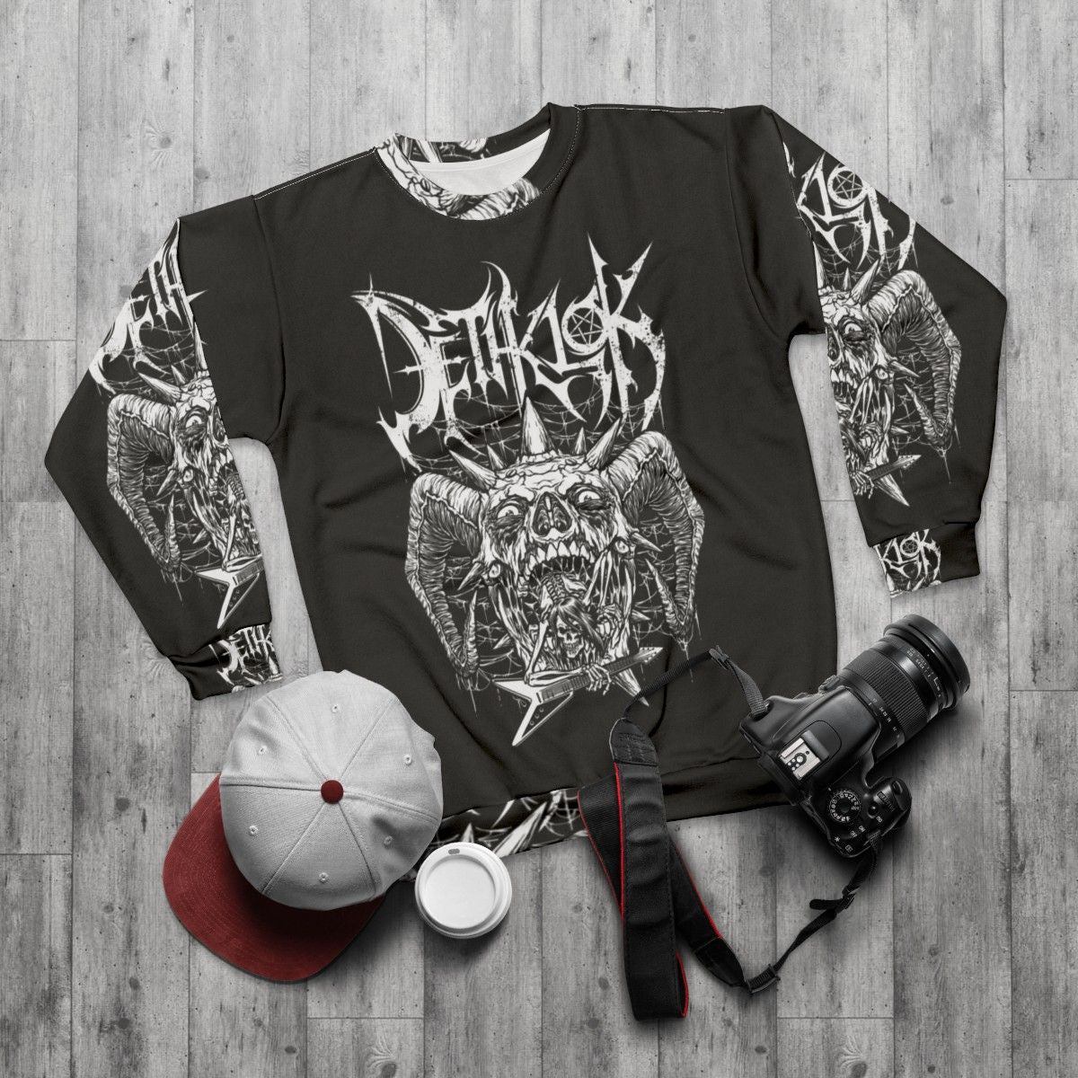 Dethklok Adult Sweatshirt featuring the iconic Dethklok band logo - flat lay