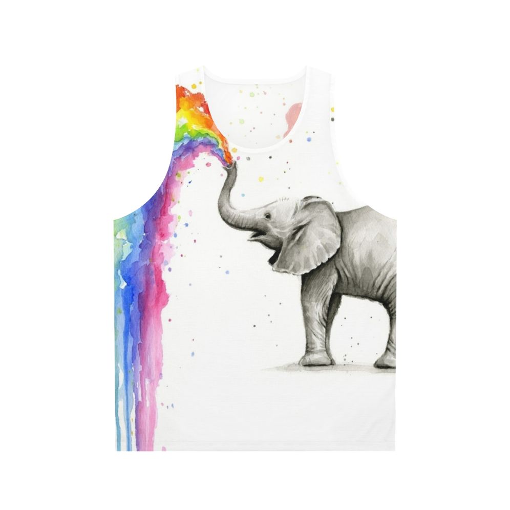 Baby elephant spraying rainbow watercolor design on unisex tank top