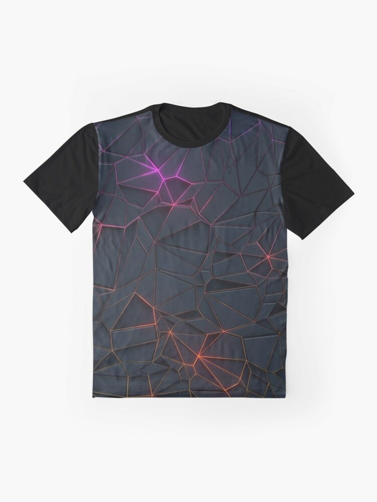 A t-shirt featuring a geometric abstract design with polygons, mosaics, and a vibrant color palette. - Flat lay