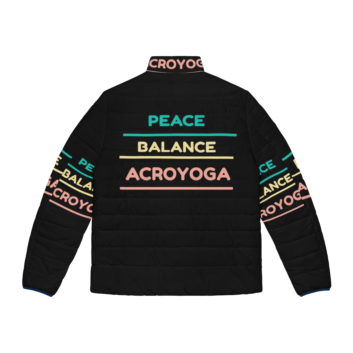 Acroyoga puffer jacket with pink, blue, and yellow colors and typography - Back