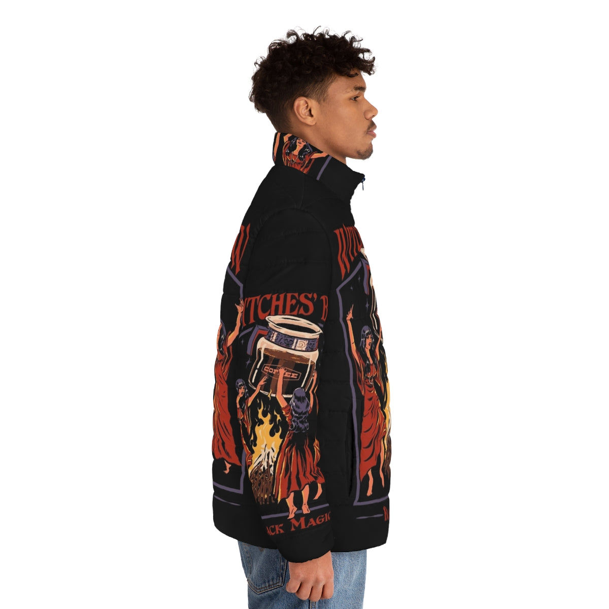 Retro Witches Brew Puffer Jacket featuring a vintage, horror-inspired design with a caffeine-fueled, occult-inspired aesthetic. - men side right