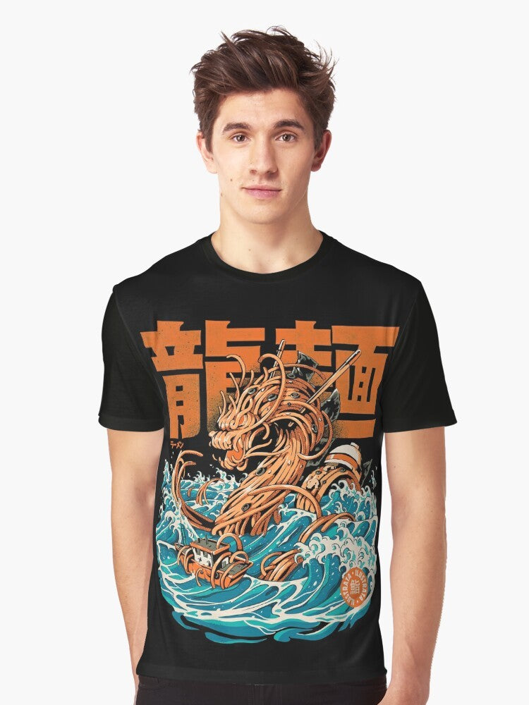 Anime-inspired graphic t-shirt featuring a ramen dragon from the famous Kanagawa wave artwork - Men