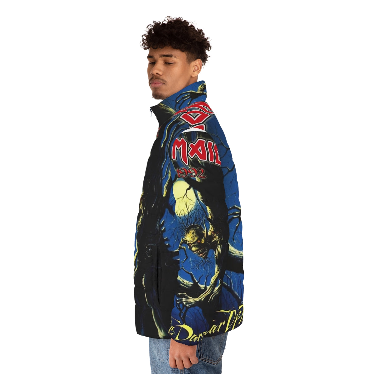 Model wearing an Iron Maiden 'Fear of the Dark' heavy metal inspired puffer jacket - men side left