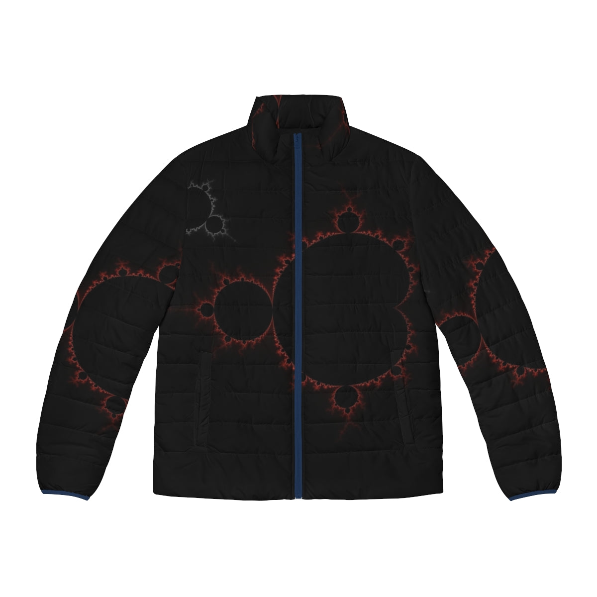 Mandelbrot set puffer jacket with a colorful, abstract fractal pattern