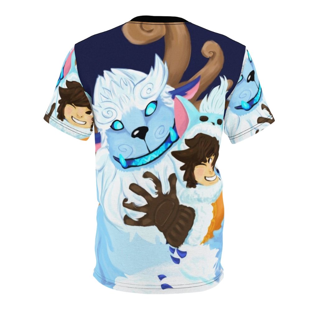 Nunu and Willump, the beloved League of Legends champions, hugging on a custom t-shirt design. - Back