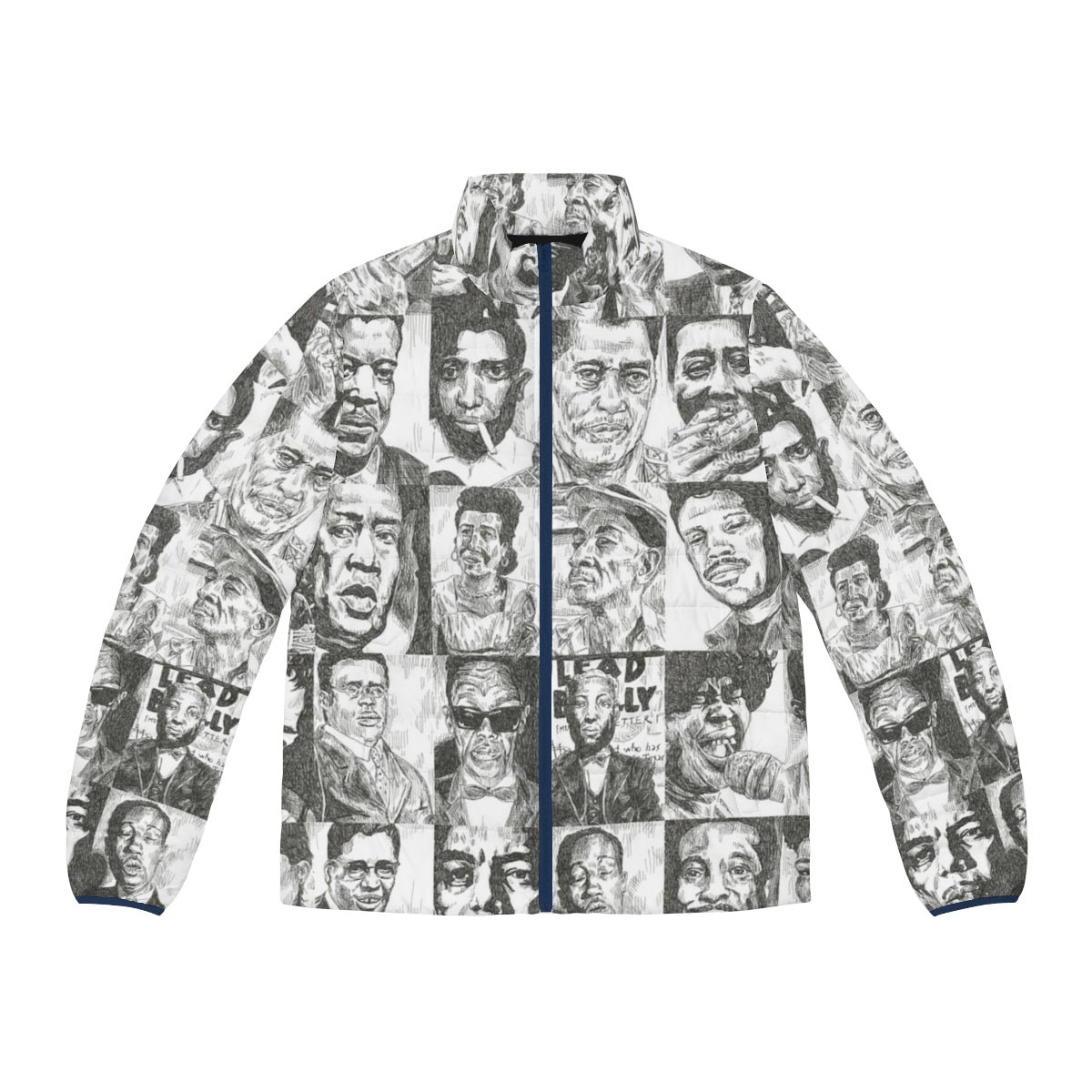 Puffer jacket featuring vintage-style illustrations of famous blues musicians