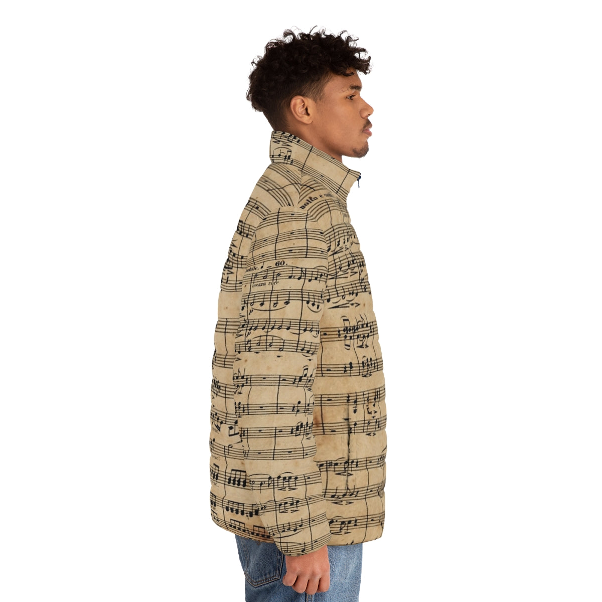 Puffer jacket featuring Beethoven's 9th symphony sheet music on antique paper - men side right