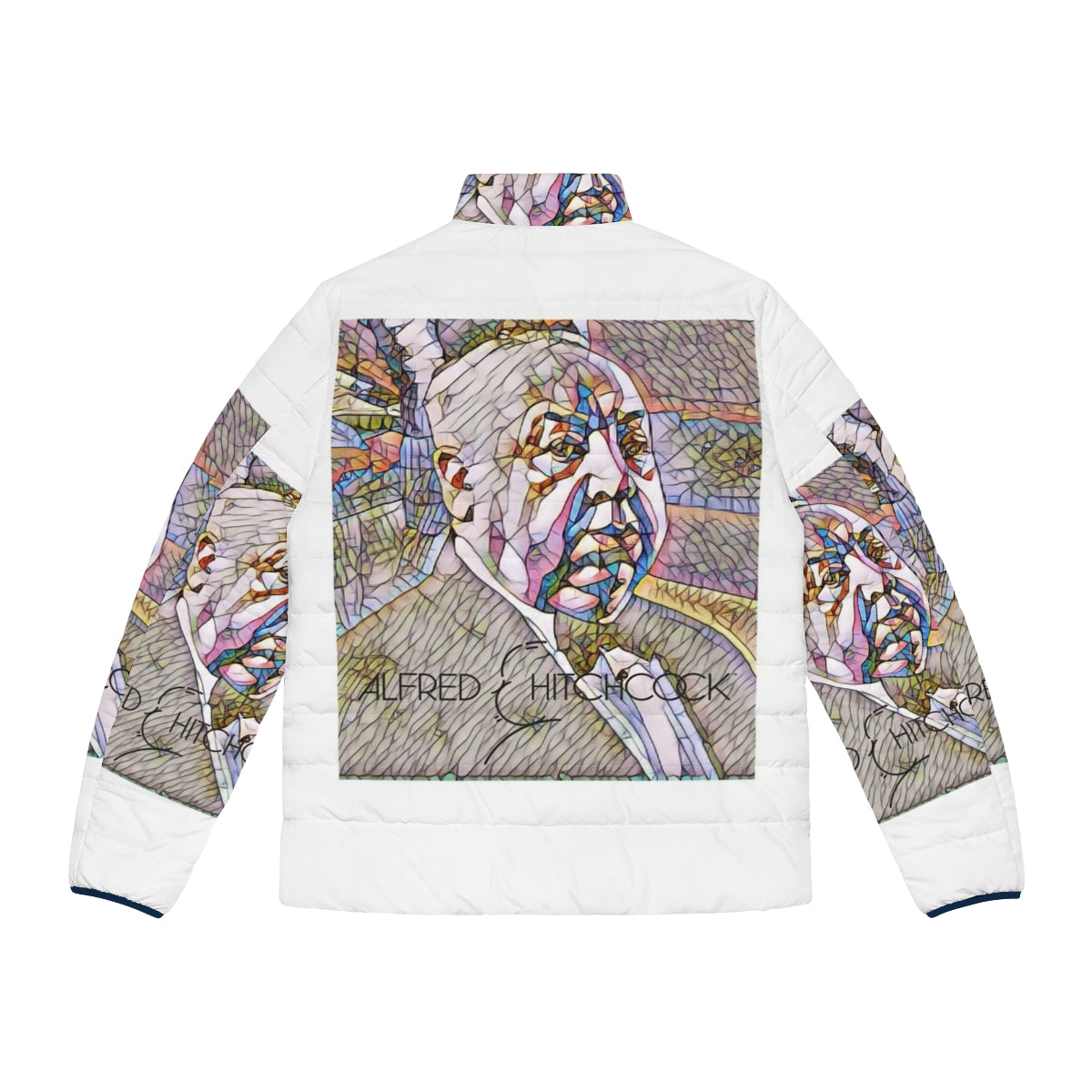 Alfred Hitchcock themed puffer jacket with horror movie and thriller design - Back