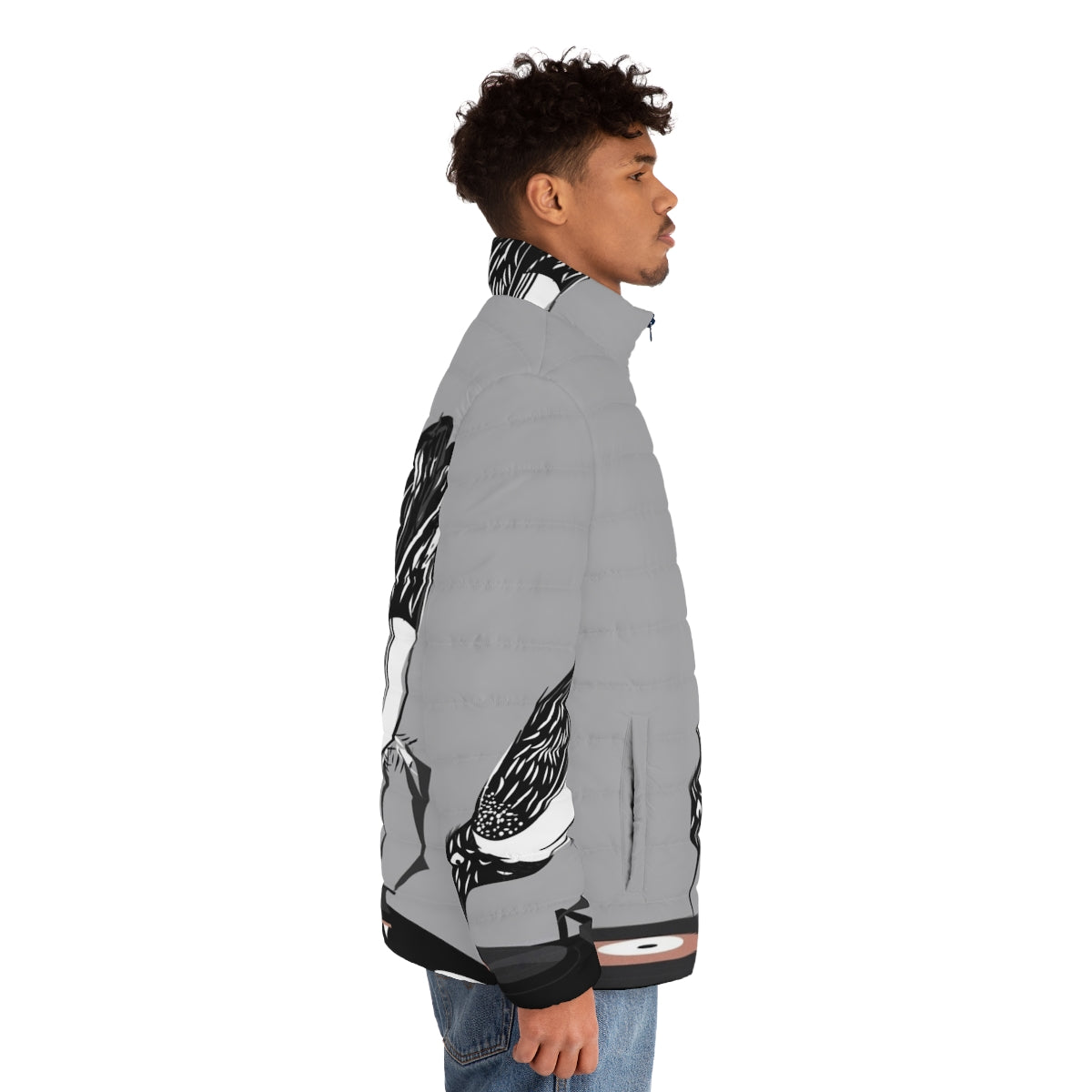 Vintage Dj Magpie Puffer Jacket featuring a cute magpie bird design with music and vinyl disc elements - men side right