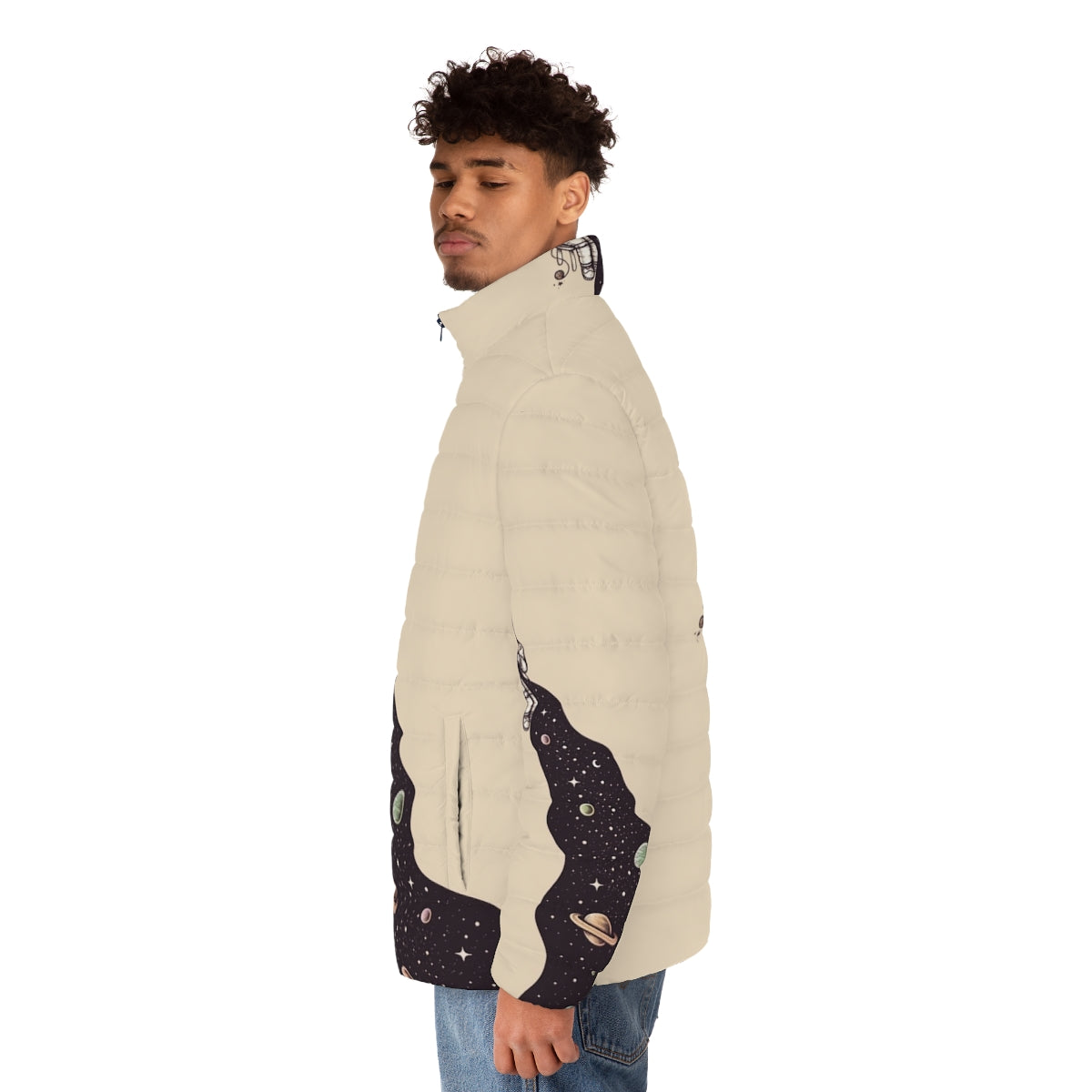 Puffer jacket with cosmic space design featuring astronauts, planets, and stars - men side left