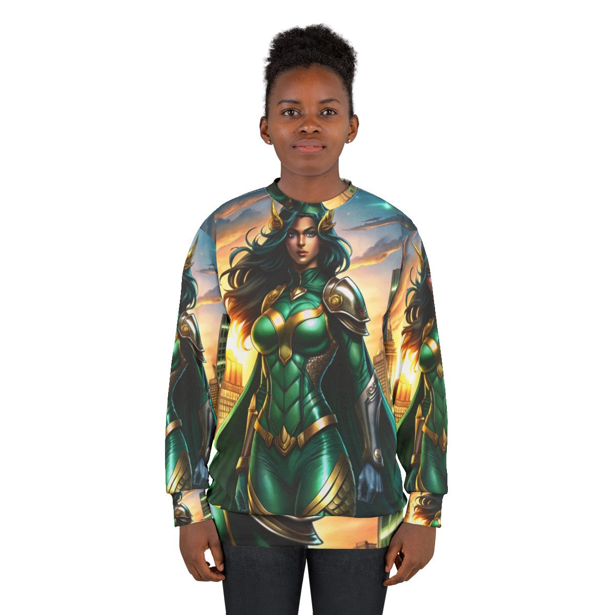 Empowered superhero woman in emerald armor standing in front of city skyline - women