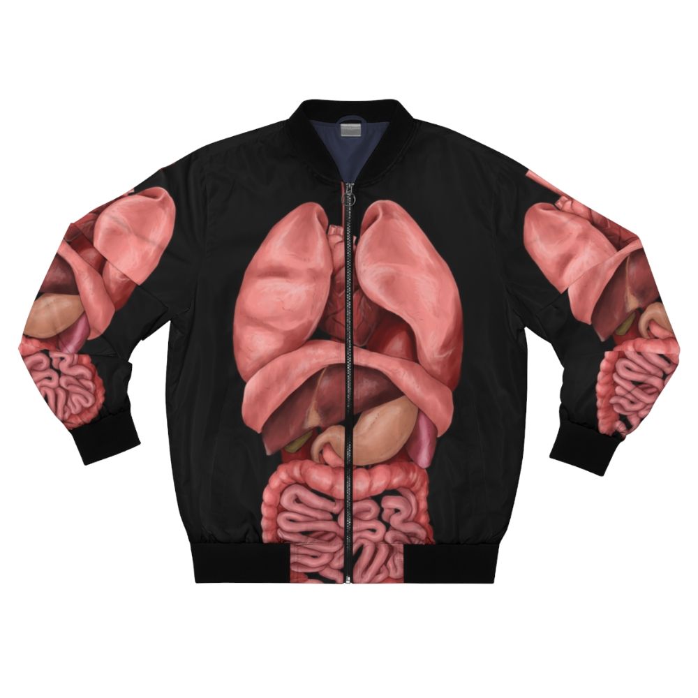 Bomber jacket featuring a detailed watercolor illustration of the human internal organs and anatomy