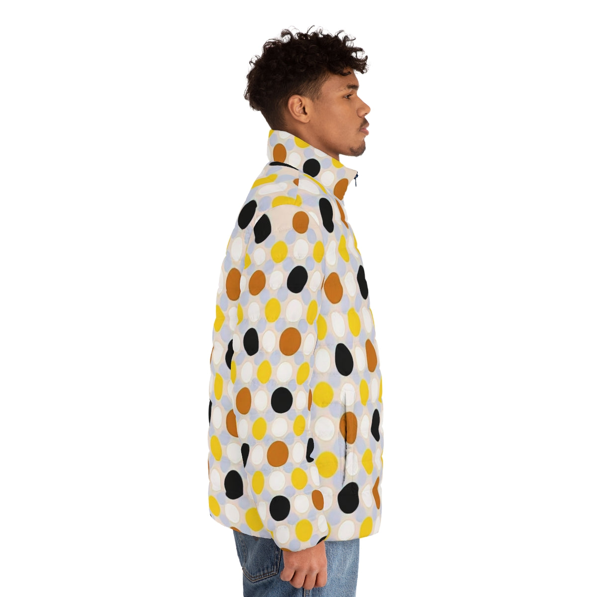 Puffer jacket in vibrant colors and geometric patterns, inspired by the abstract art of American painter Thomas Downing. - men side right