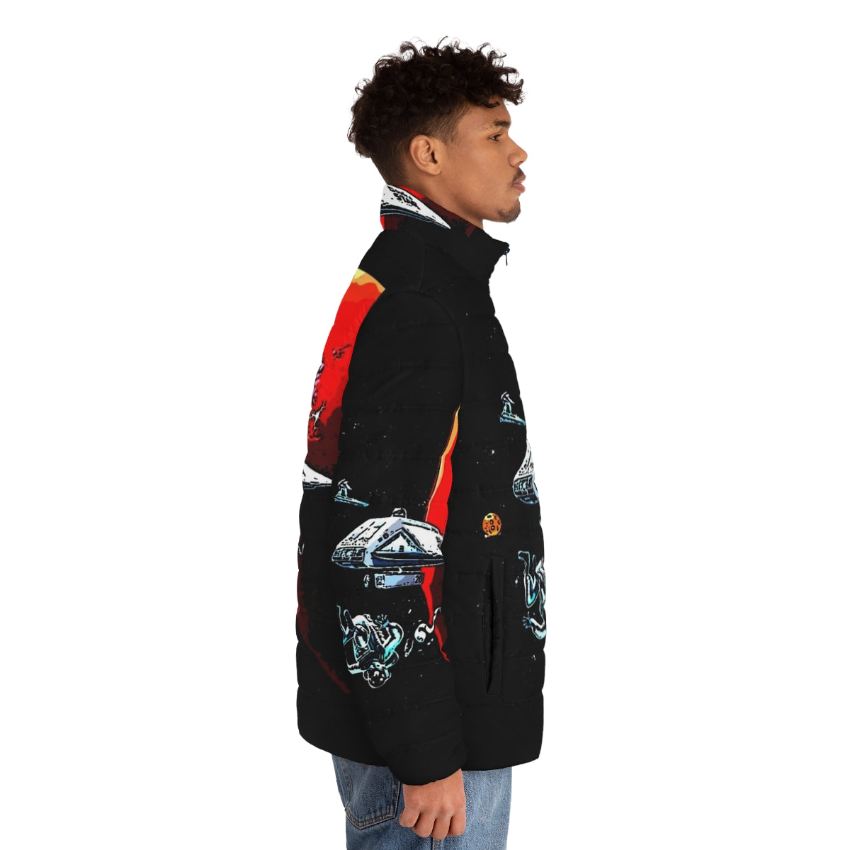 Dark Star sci-fi puffer jacket with spacecraft and retro design - men side right