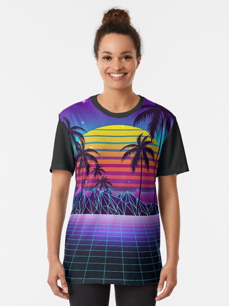 Radiant sunset synthwave graphic t-shirt with aesthetic retro and futuristic design - Women