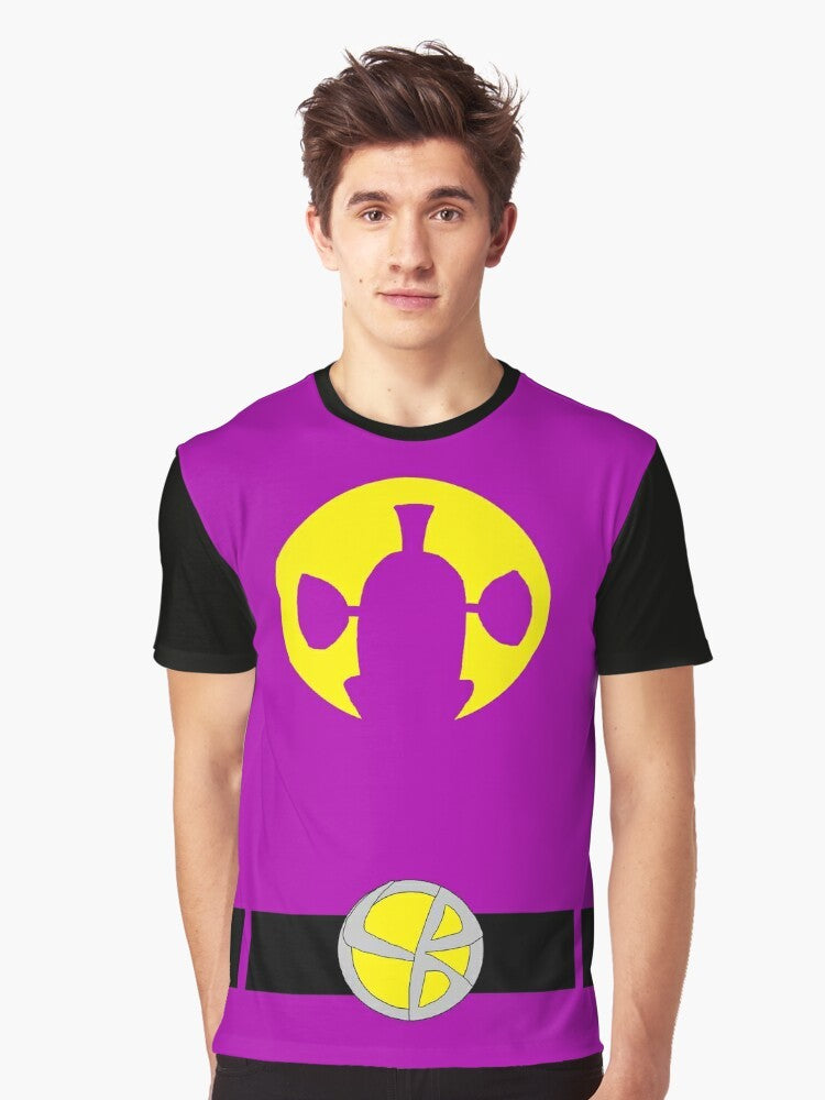 LarryBoy, the superhero character from Veggietales, featured on a purple and yellow graphic t-shirt. - Men