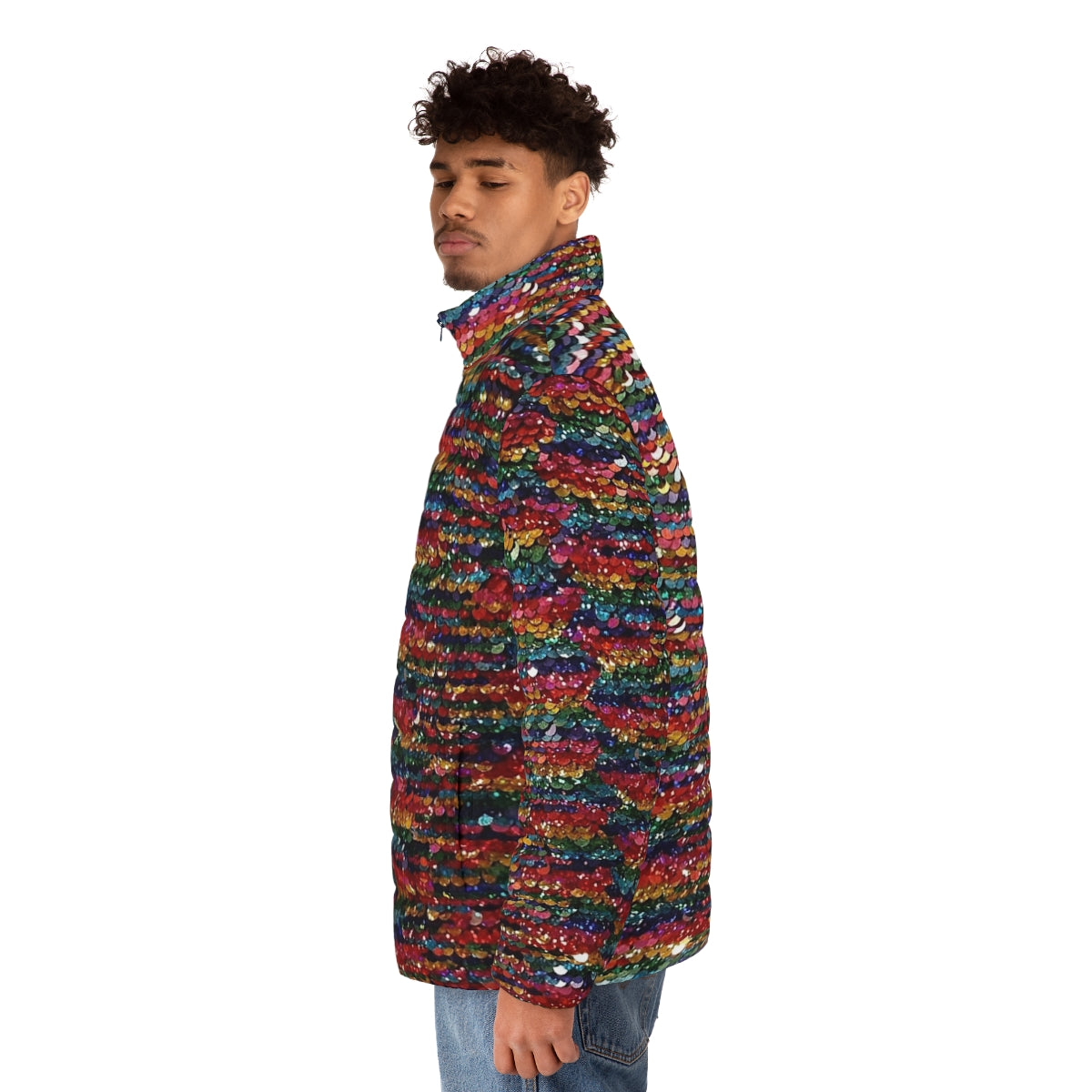 Vibrant rainbow sequin puffer jacket with a sparkling, iridescent finish - men side left