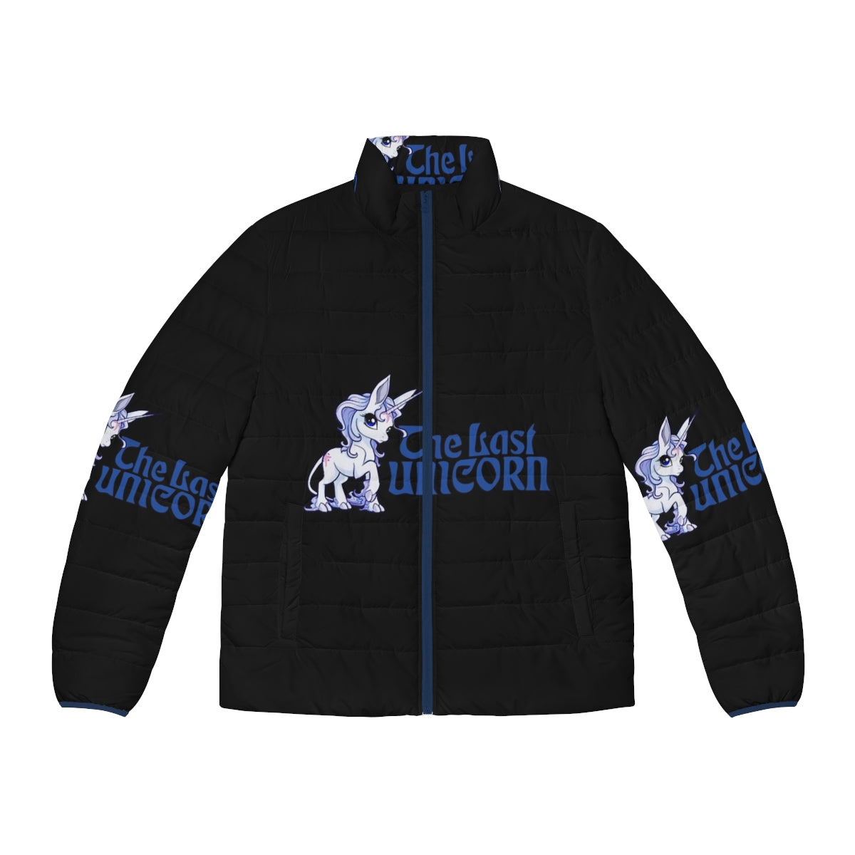 A puffer jacket featuring the iconic imagery of the last unicorn from the beloved anime film.