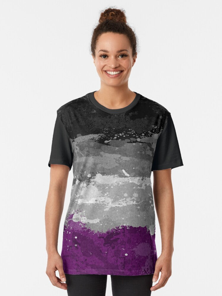 Asexual pride flag design with abstract paint splatter pattern on a graphic t-shirt - Women