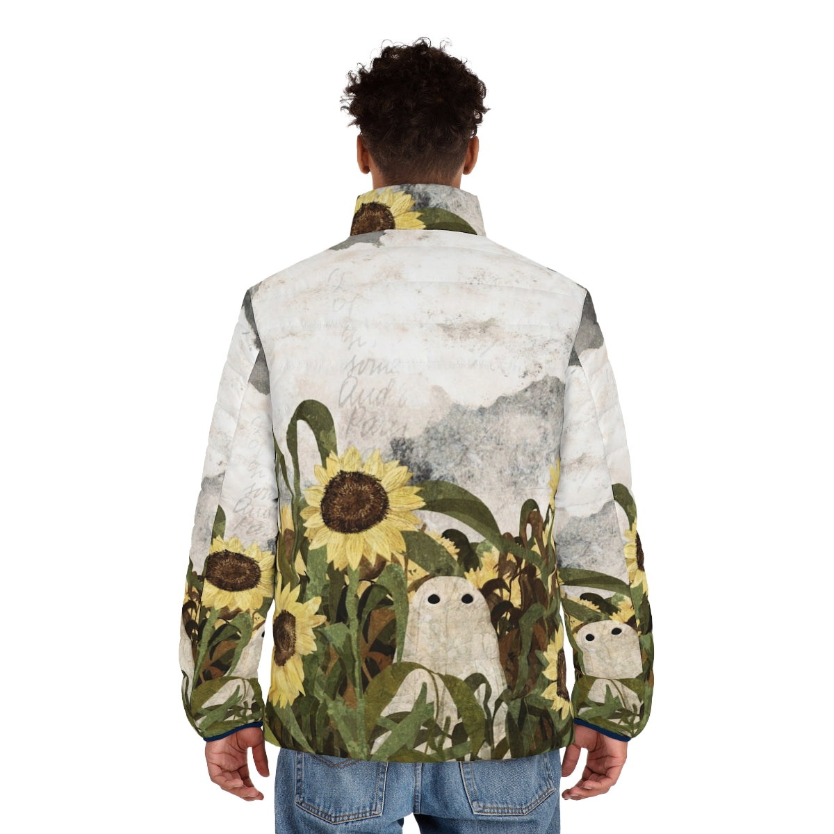 Puffer jacket with a ghostly sunflower field design - men back