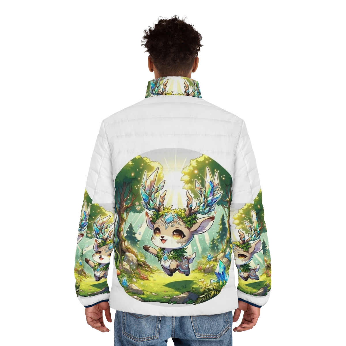 Whimsical deer puffer jacket with crystal forest design - men back