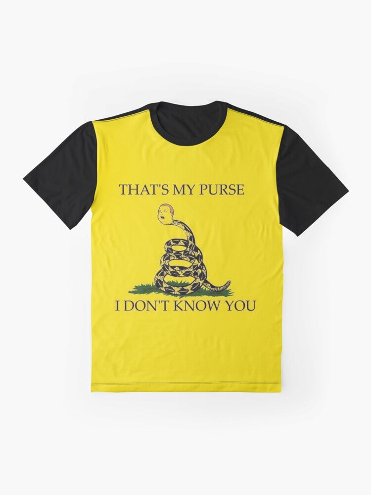 Man yelling "That's my purse! I don't know you!" graphic t-shirt design - Flat lay