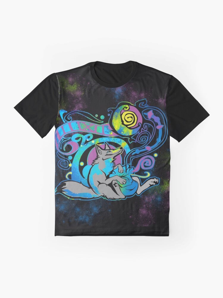 Tribal animal graphic t-shirt with stars, moon, and swirly designs in the style of Zhivago - Flat lay