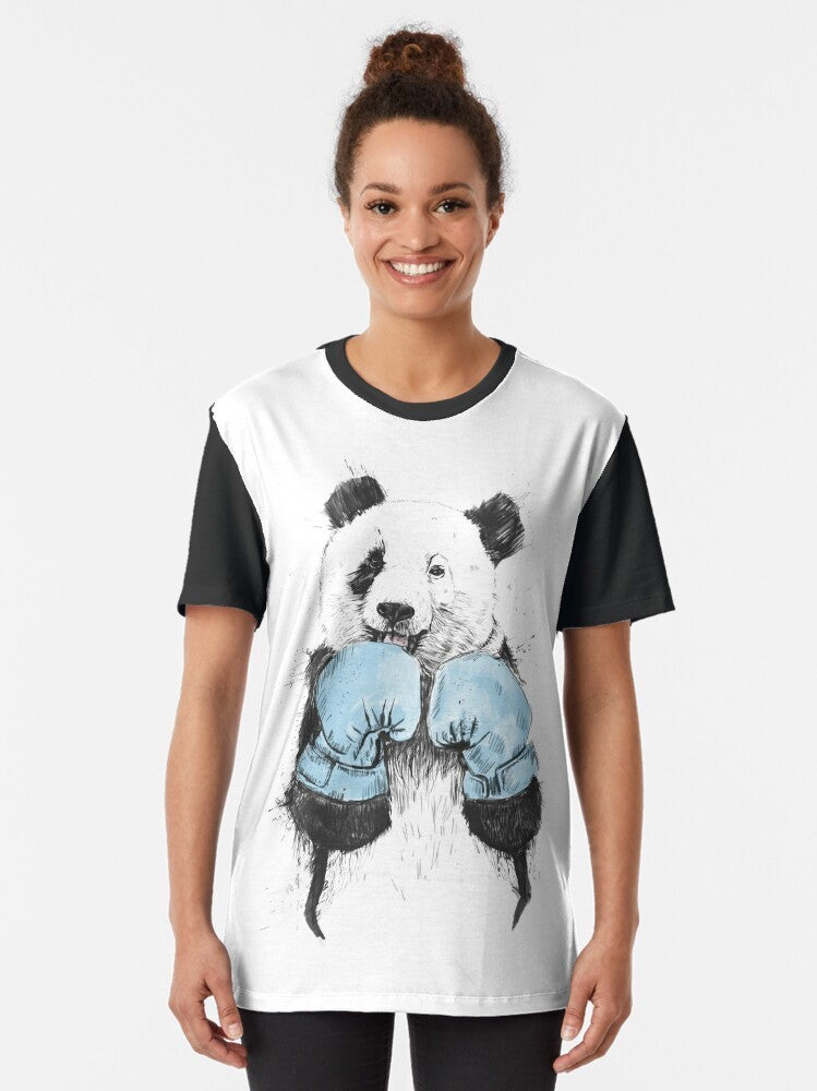 Illustration of a cute panda wearing boxing gloves on a graphic t-shirt - Women