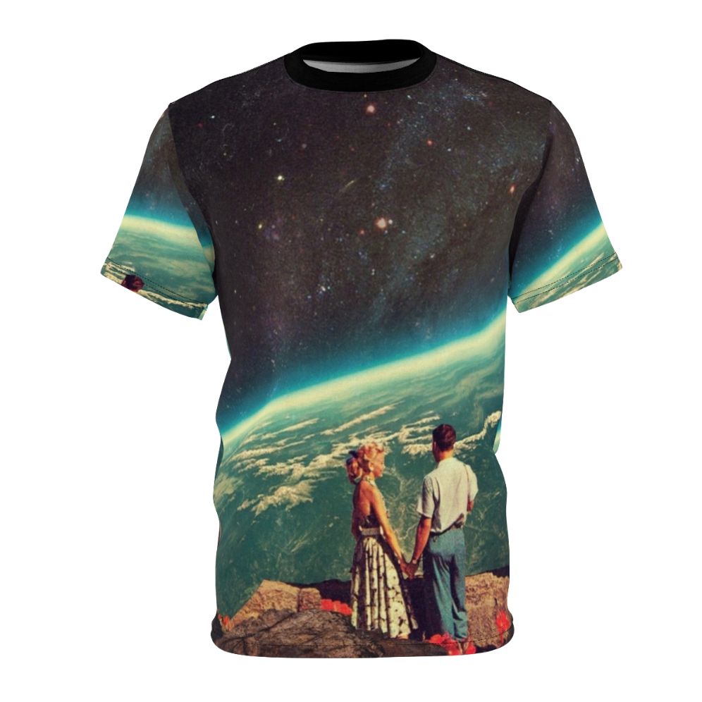 Nostalgic retro space collage t-shirt featuring a couple holding hands in a surreal, starry landscape