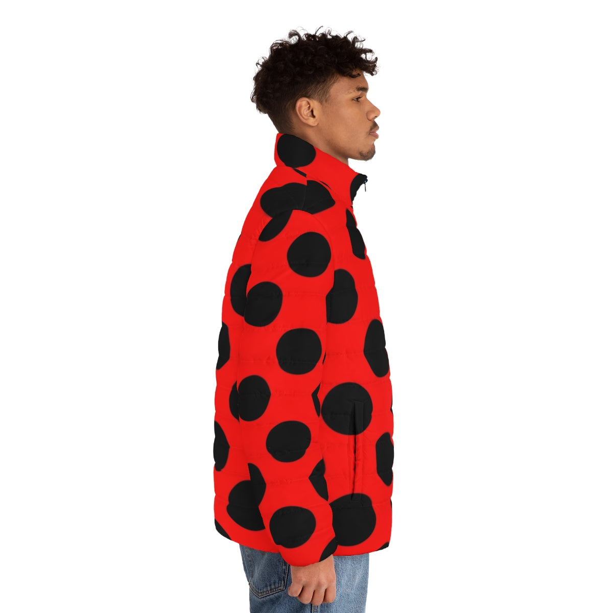 Woman wearing a red and black polka dot lady bug puffer jacket - men side right