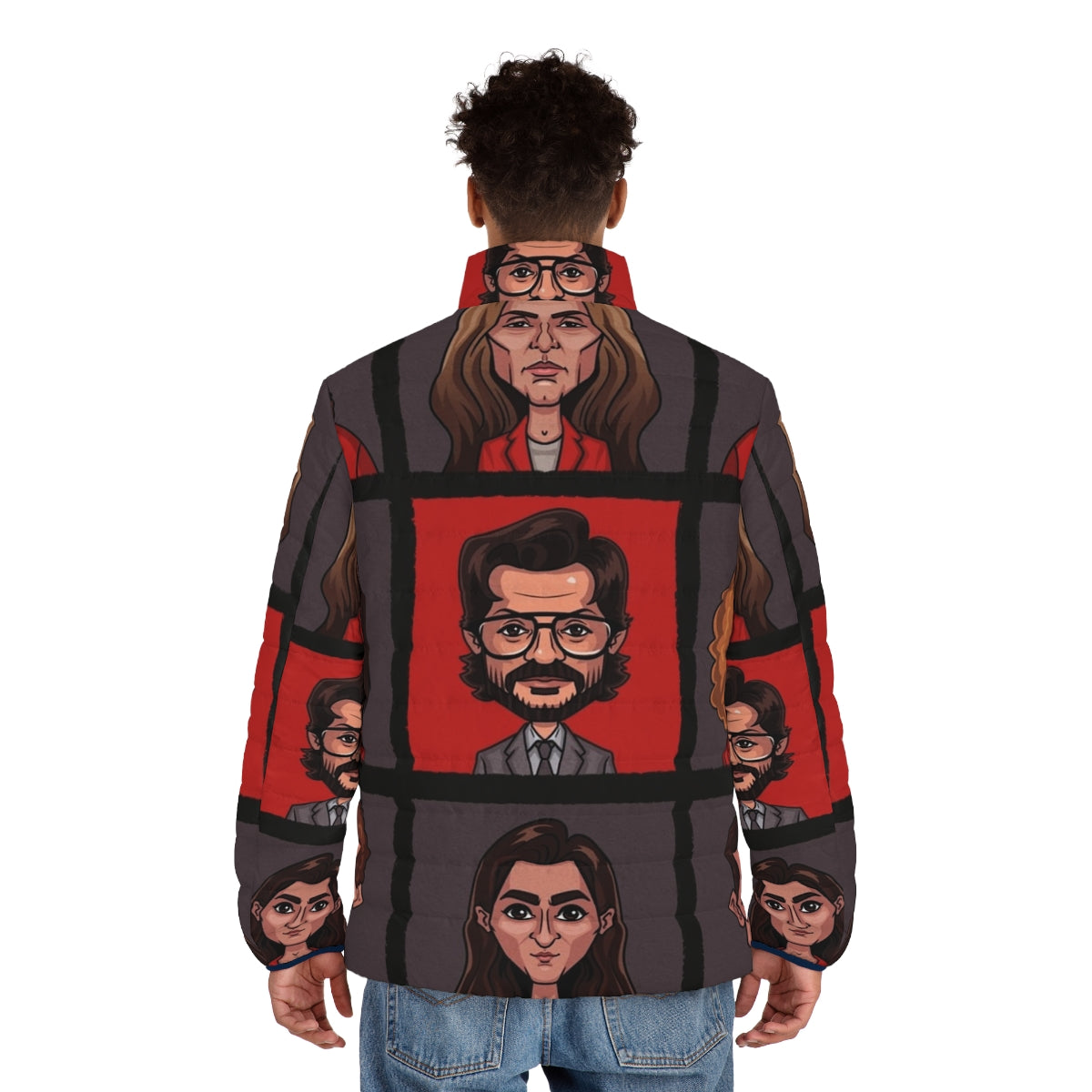 Money Heist Lineup Puffer Jacket featuring the main characters - men back