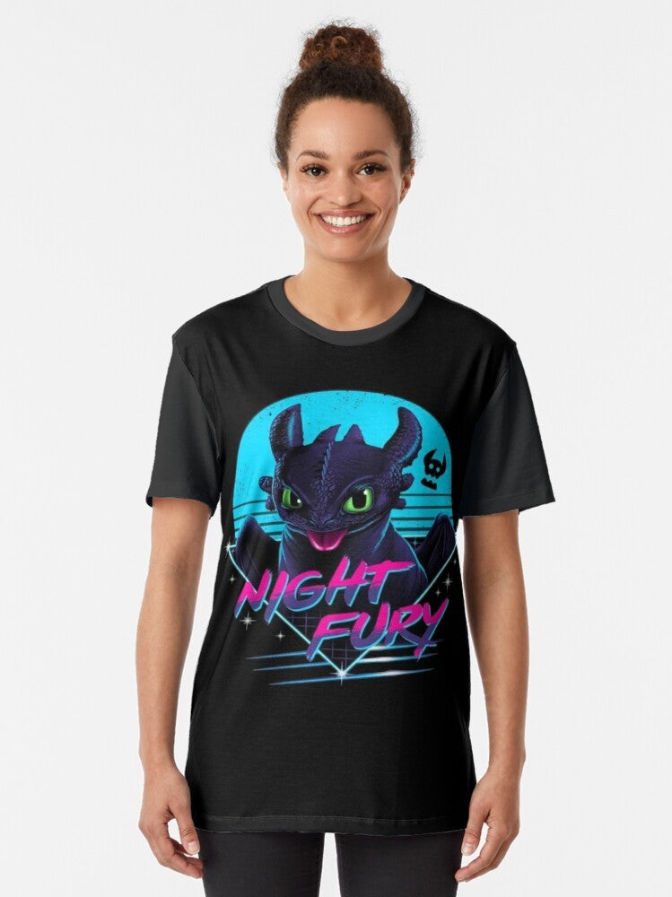 Toothless Night Fury Graphic T-Shirt featuring the popular character from the How to Train Your Dragon movie franchise. - Women