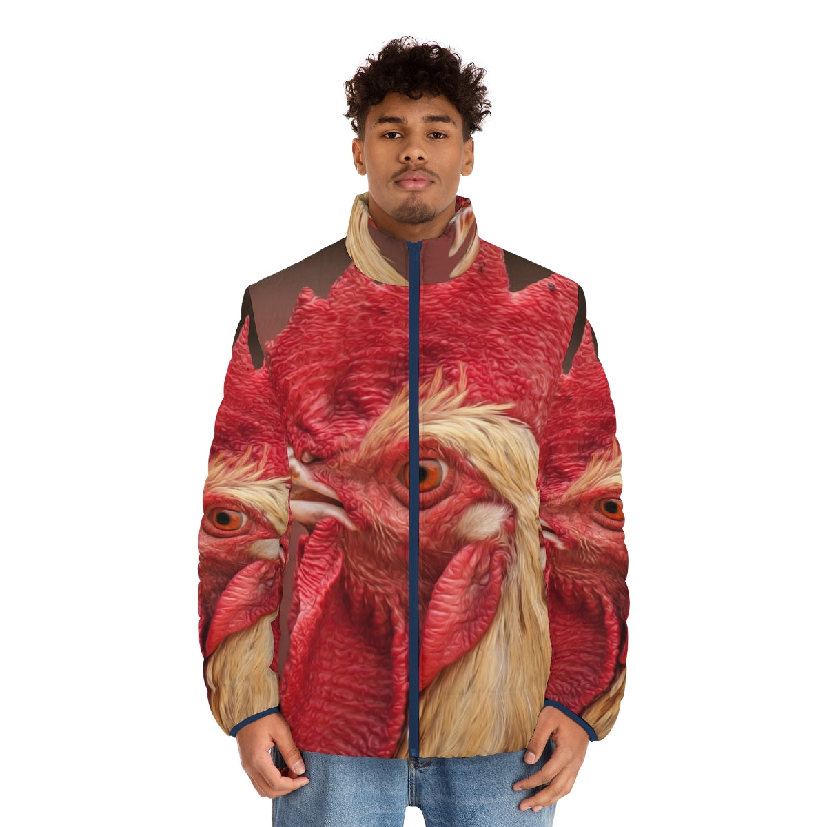 Rooster chicken puffer jacket in red with farm animal designs - men front