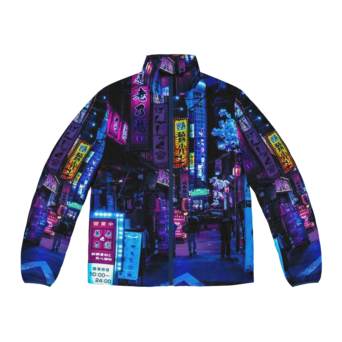 Blue puffer jacket with neon Tokyo alley print, futuristic urban fashion