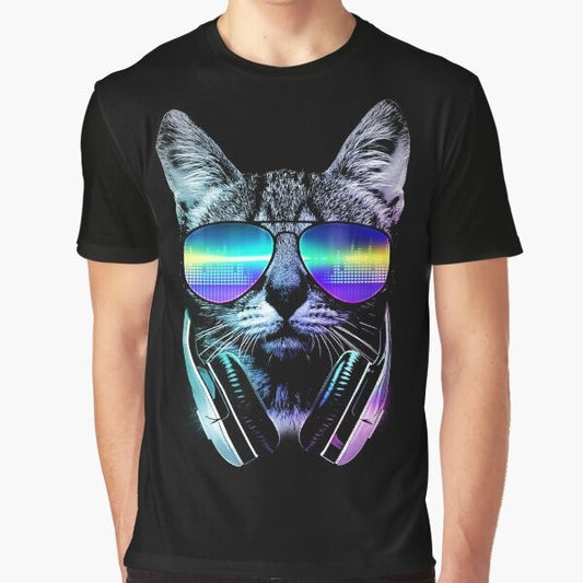 A stylish graphic t-shirt featuring a cool cat wearing headphones and surrounded by a music-inspired urban cityscape design.