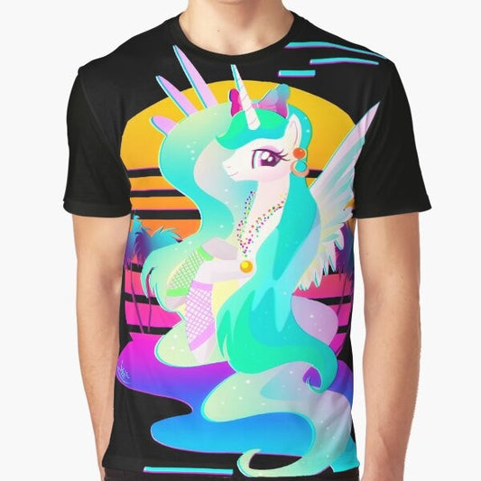 Synthwave Princess Celestia graphic tee featuring a neon, retro-inspired design with the My Little Pony character.