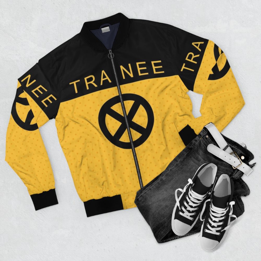 Trainee X Force Bomber Jacket with X Force and Deadpool Inspired Design - Flat lay