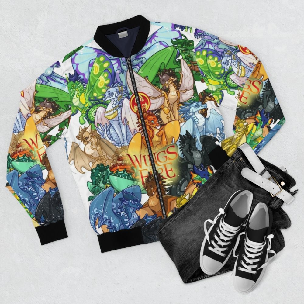 Wings of Fire bomber jacket featuring characters from the fantasy book series - Flat lay