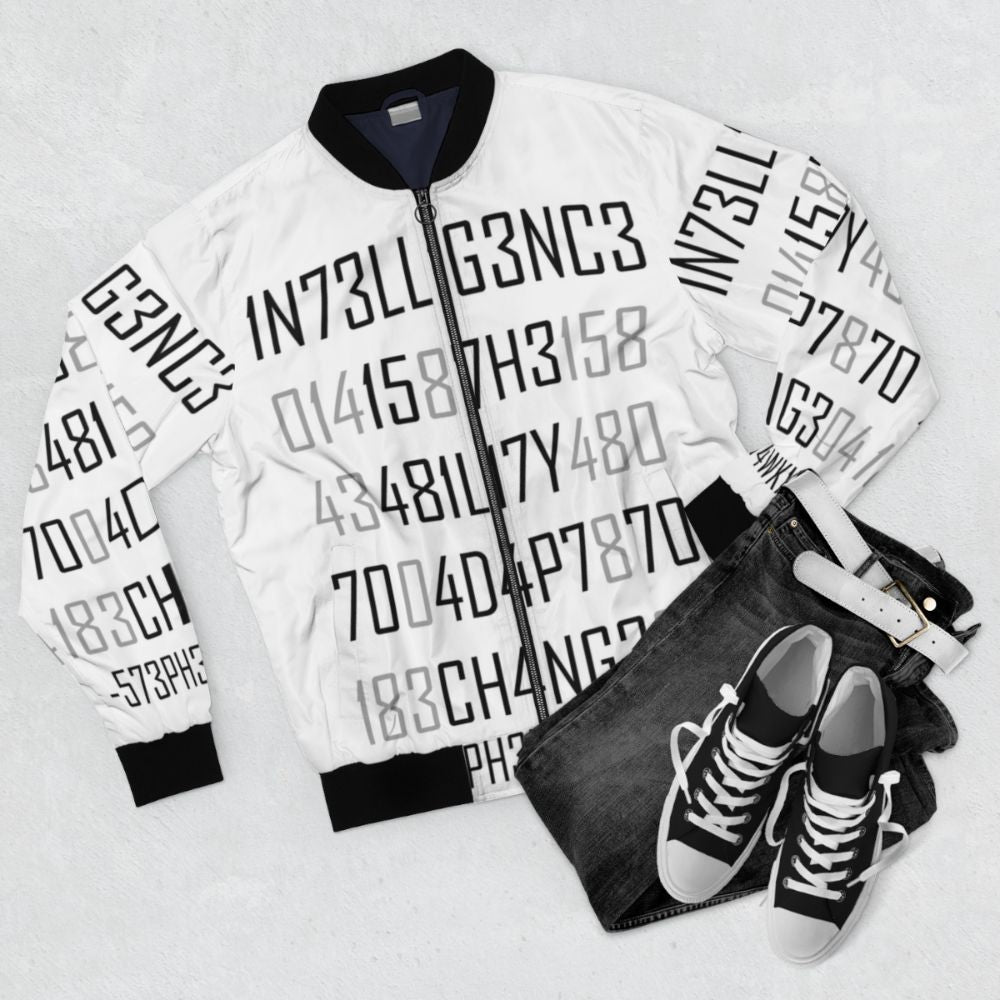 Adapt or Die Encoded Bomber Jacket featuring science and intelligence graphics - Flat lay